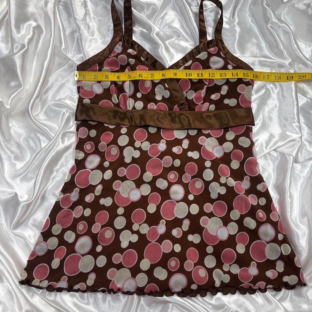 y2k Babydoll Camisole Brown Pink Polka Dot Mesh Satin Trim INC Top - Picture 5 of 6